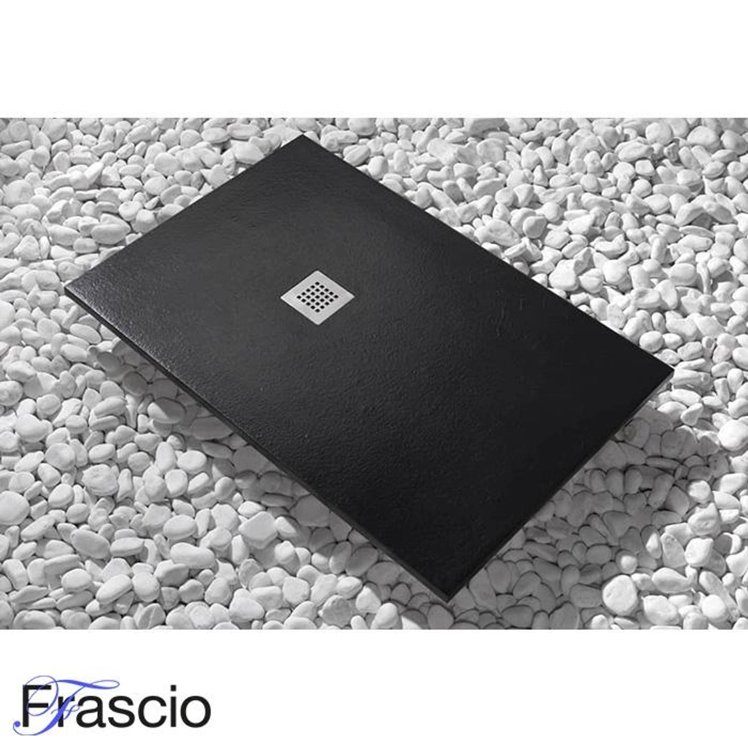 Schwarze Frascio Duschwanne 85x85 cm Vulcano Line mit Abfluss in Steinoptik.