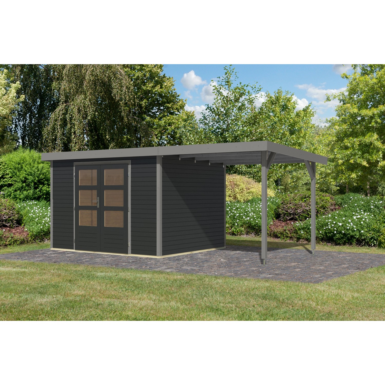 Karibu Gartenhaus Ernesto 5 C m. Anbaudach Anthrazit/Grau 209 x 298 x 242 c günstig online kaufen