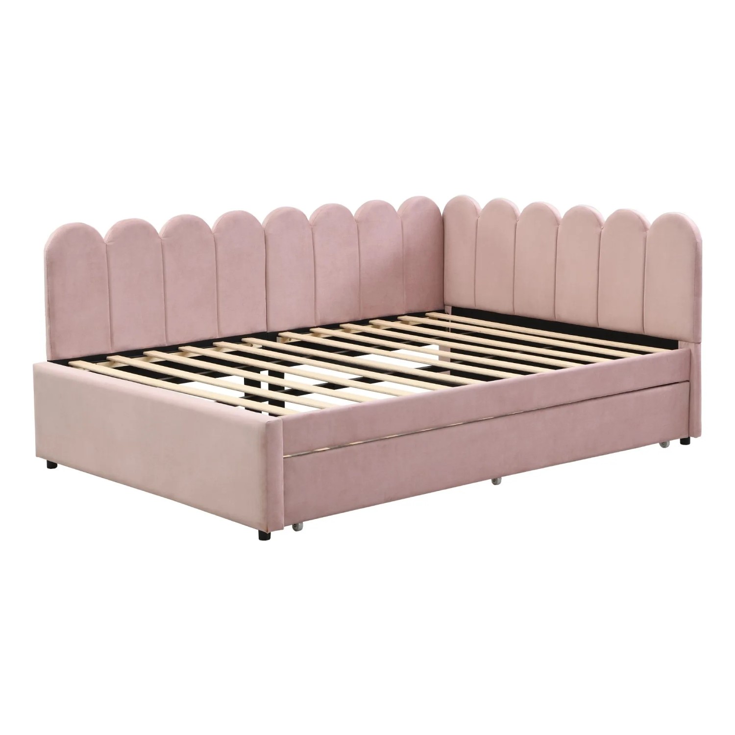 KOMHTOM L-Förmiges Polsterbett Schlafsofa 140x200Cm Mit Geblümter Rückenlehne Und Ausziehbett Samt Rosa Ohne Matratze