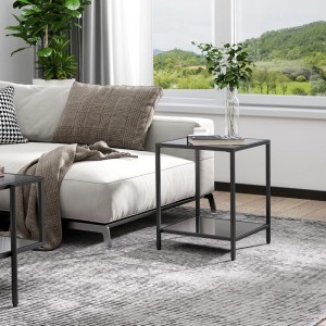 HOMCOM Beistelltisch aus Stahl und Glas, schwarz, mit zwei Ebenen. Ideal als Wohnzimmertisch.