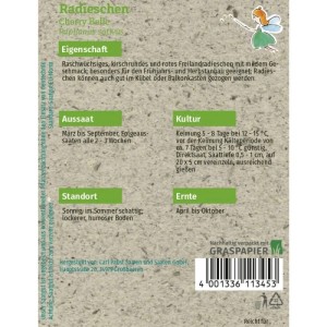 Samenpackung Grüne Fee Radieschen Cherry Belle. Graspapier-Design mit Anbauinfos für rote, kirschrunde Radieschen.