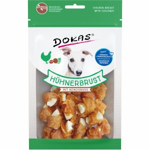 Dokas Hunde-Natursnack Hühnerbrust mit Kokosnuss, 60g Packung. Getrocknete Snacks für Hunde.