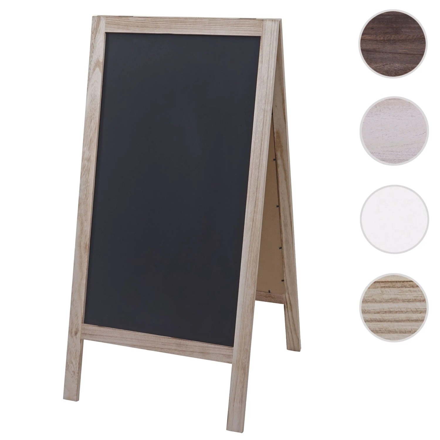 Klappbare Werbetafel aus Holz mit zwei schwarzen Schreibflächen, naturfarben. Ideal für Werbung und Menüs.
