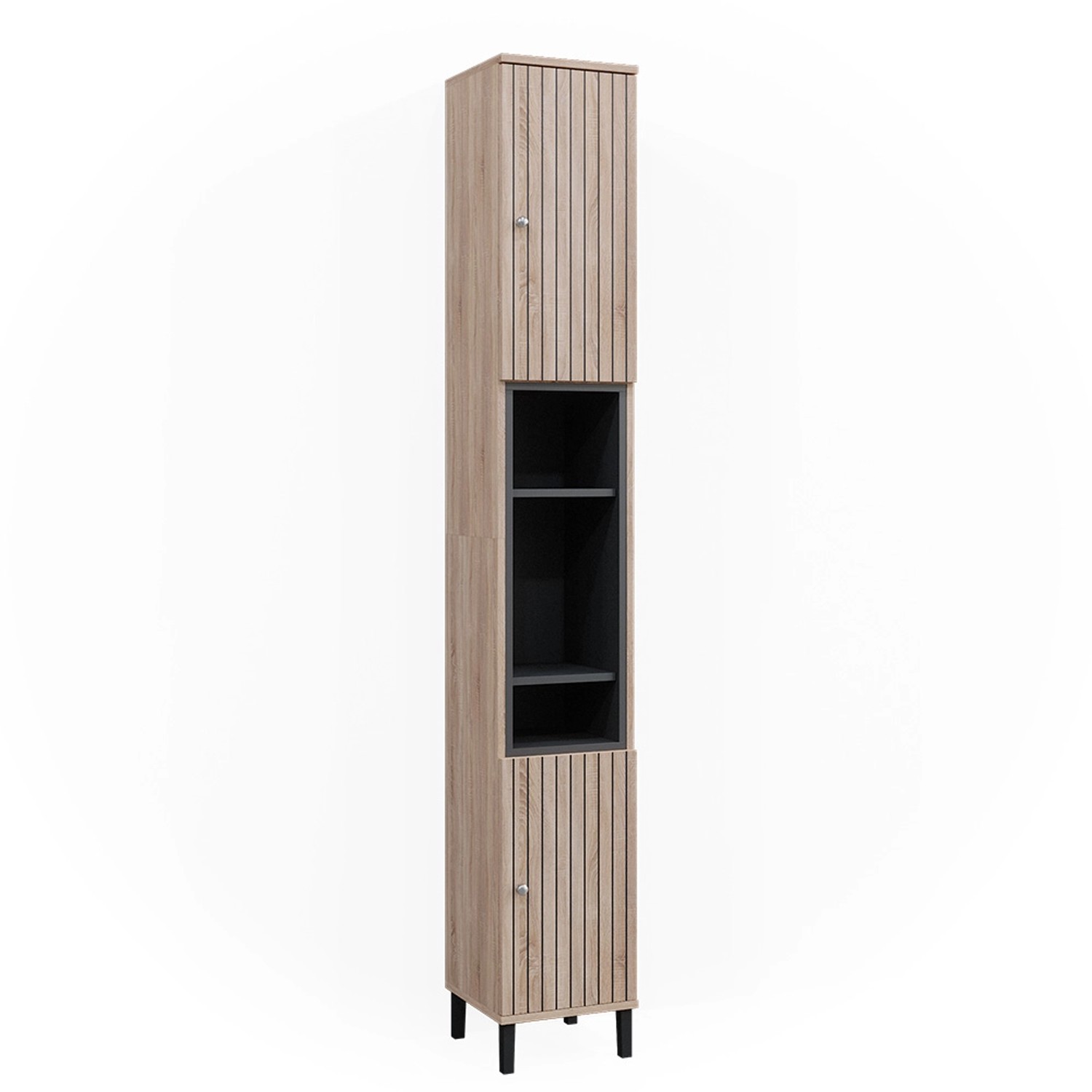 Vicco Badschrank Aquis Sonoma/Anthrazit 30 x 190 cm mit Türen und Offenen Fächern
