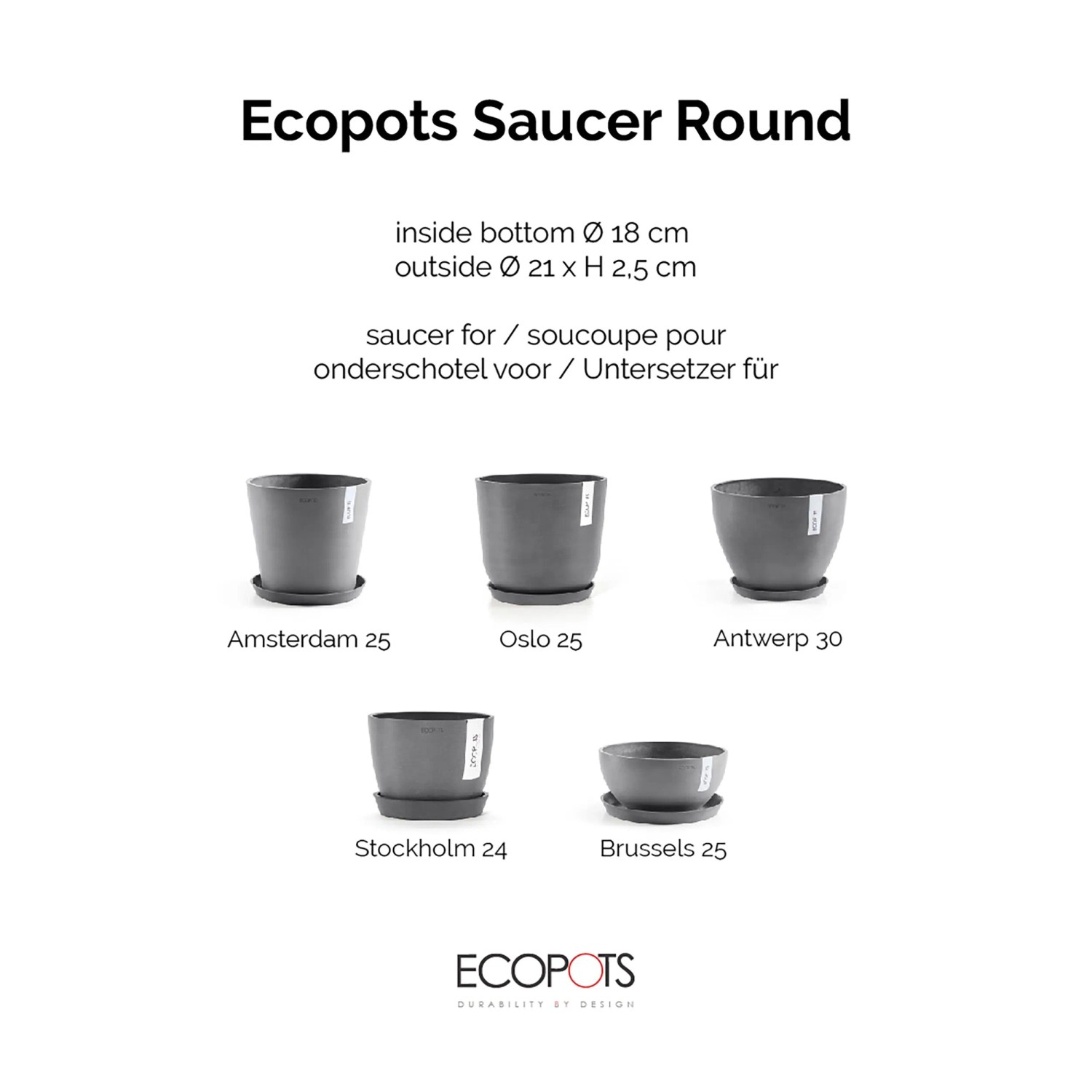 Ecopots Untersetzer Grau Ø 21cm für Pflanzgefäße der Serien Amsterdam, Oslo, Stockholm, Vienna und Brussels.