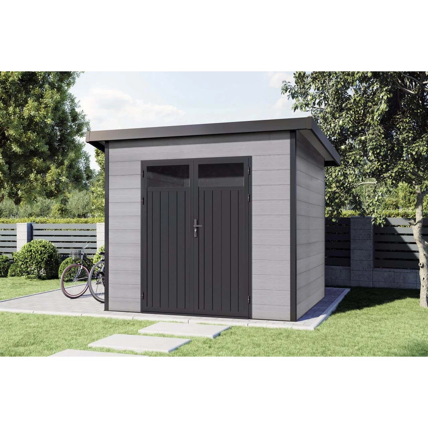 Modernes, anthrazitfarbenes/hellgraues WPC Gartenhaus Vitale 2420 19 von Finnhaus Wolff mit Pultdach.