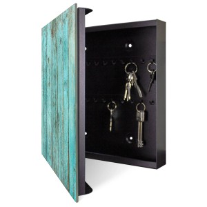 Offener, schwarzer Banjado Schlüsselkasten mit Glastür (Blaues Holz Motiv), 50 Haken.