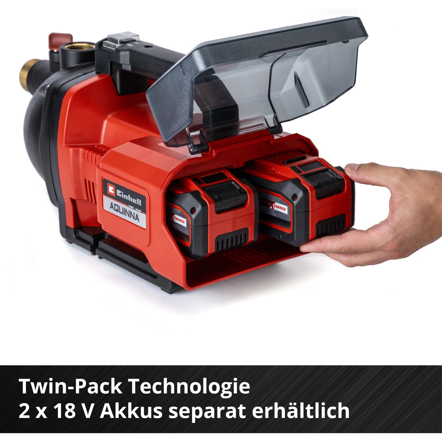 Einhell Aquinna Akku-Gartenpumpe mit zwei 18V Akkus. Flexibel für Gartenbewässerung.