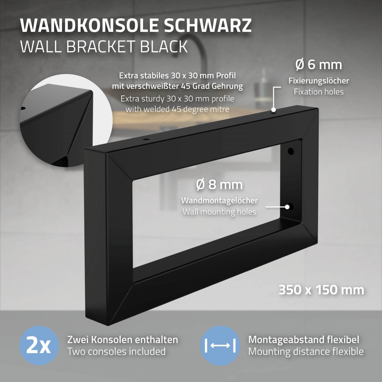 ML-Design Wandkonsole 2er Set, 350x150mm, schwarz, Stahl. Badaccessoire für Waschtisch.