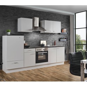 Menke Küchenzeile White Classic 270 cm in Weiß-Marmor-Optik mit E-Geräten und Spüle.