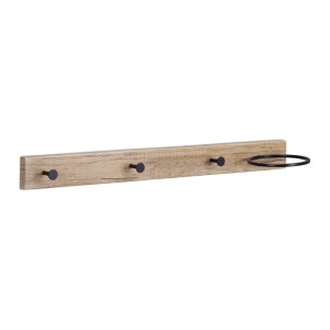 Relaxdays Garderobenleiste MDF Eisen Hellbraun Schwarz mit 3 Haken und Schalring 13 cm x 65 cm x 14,5 cm 0,7 kg