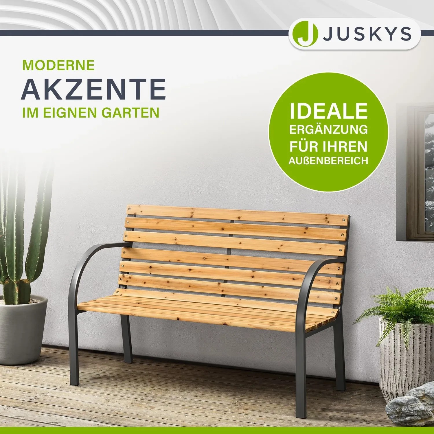 Juskys Gartenbank Modena 2-Sitzer aus Holz und Stahl, ideal für Garten, Balkon oder Terrasse.