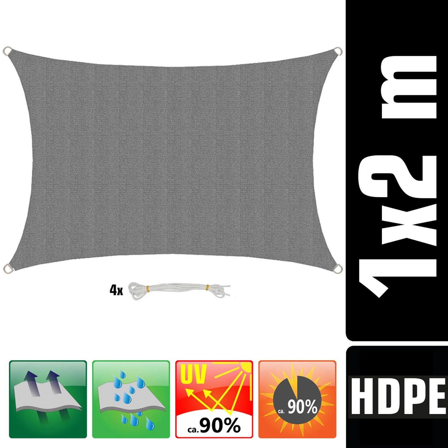 Graues, rechteckiges AMANKA Sonnensegel (1x2m) aus HDPE, wasserdurchlässig und mit UV-Schutz.