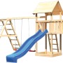 Karibu Spielturm Lotti mit Doppelschaukel, Klettergerüst und blauer Rutsche aus naturbelassenem Holz.