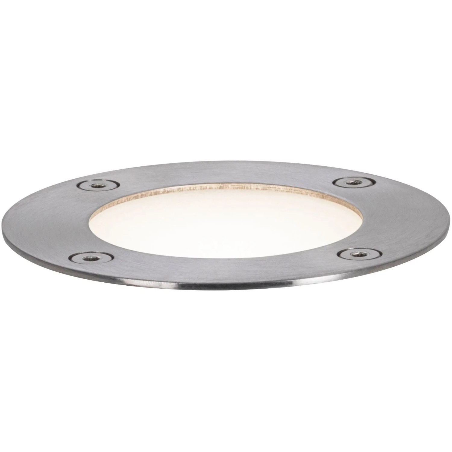 Runder Paulmann Plug & Shine Bodeneinbaustrahler RGBW aus Metall, Teil des Außenbeleuchtungssystems.