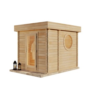 Finntherm Gartensauna Cubus-70 B aus naturbelassenem Fichtenholz mit Flachdach und Rundfenster.