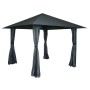 Anthrazitfarbene MCW Pergola J63 mit Dach und vier Seitenwänden als Terrassenüberdachung.