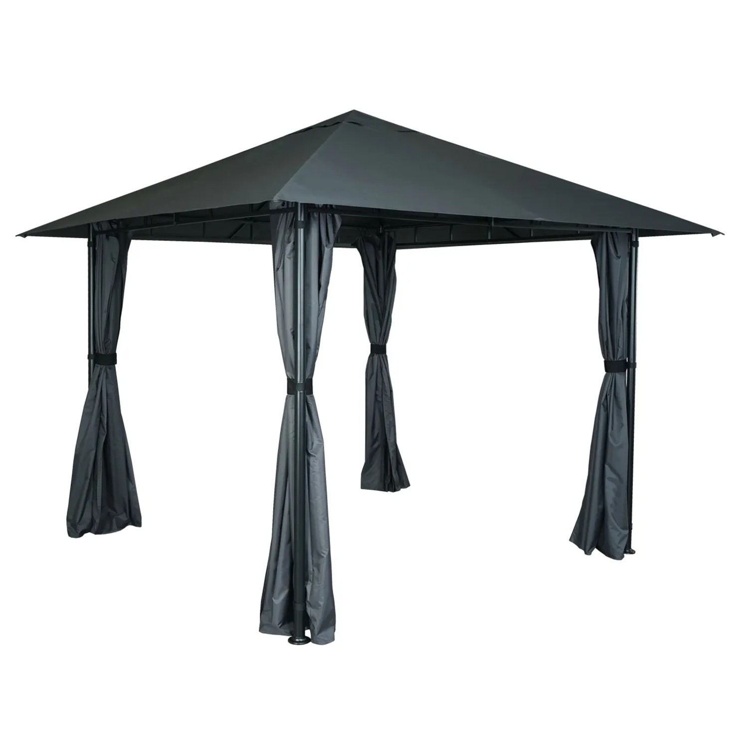 Anthrazitfarbene MCW Pergola J63 mit Dach und vier Seitenwänden als Terrassenüberdachung.