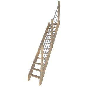 StarWood Fichte Treppe mit Holz-Edelstahl-Geländer (rechts). Gerade Innentreppe aus Fichtenholz.