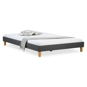 Graues Polsterbett 160x200 cm mit Lattenrost im Futon-Stil, ohne Kopfteil.