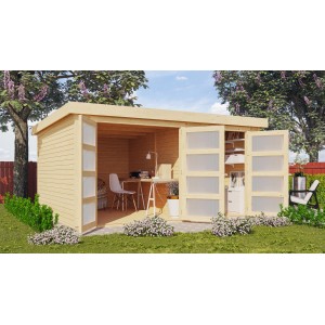 Karibu Gartenhaus Mühlentrup 3, naturbelassen, mit geöffneten Schiebetüren und Büroeinrichtung.