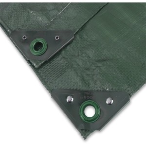 Grüne Noor Abdeckplane Profi, 2x2m, Detailaufnahme der verstärkten Ecke mit Öse.