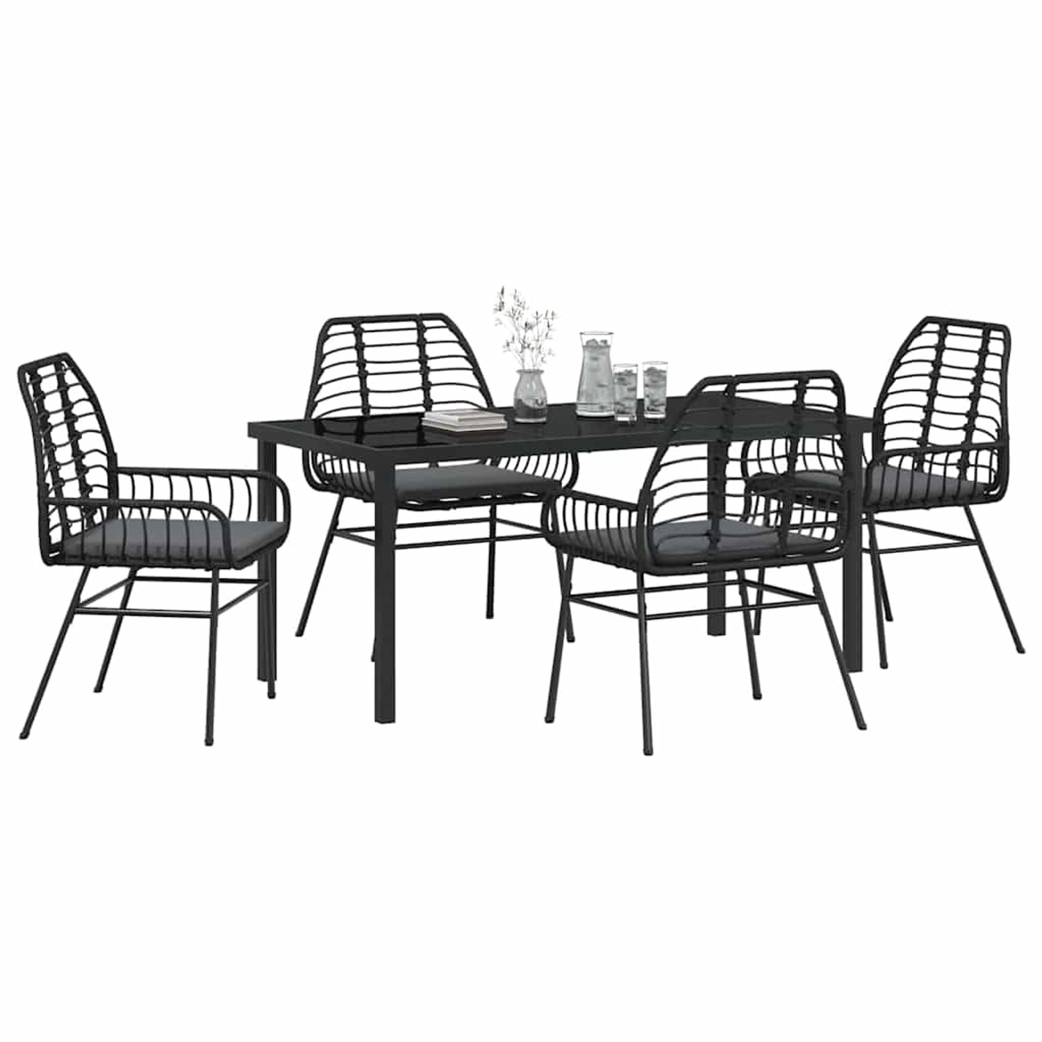 Schwarze 5-teilige vidaXL Garten Essgruppe aus Poly Rattan mit Tisch und vier Stühlen.