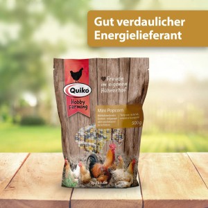 Quiko Hobby Farming Mini Popcorn 500g für Hühner, naturbelassener Snack im wiederverschließbaren Beutel.