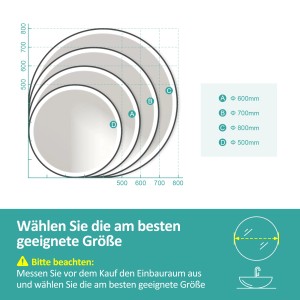 Emke Badspiegel Größenvergleich: 50, 60, 70, 80 cm Durchmesser zur Auswahl.