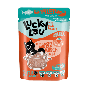 Lucky Lou Katzen-Nassfutter Thunfisch & Lachs in Broth, 70g Packung.
