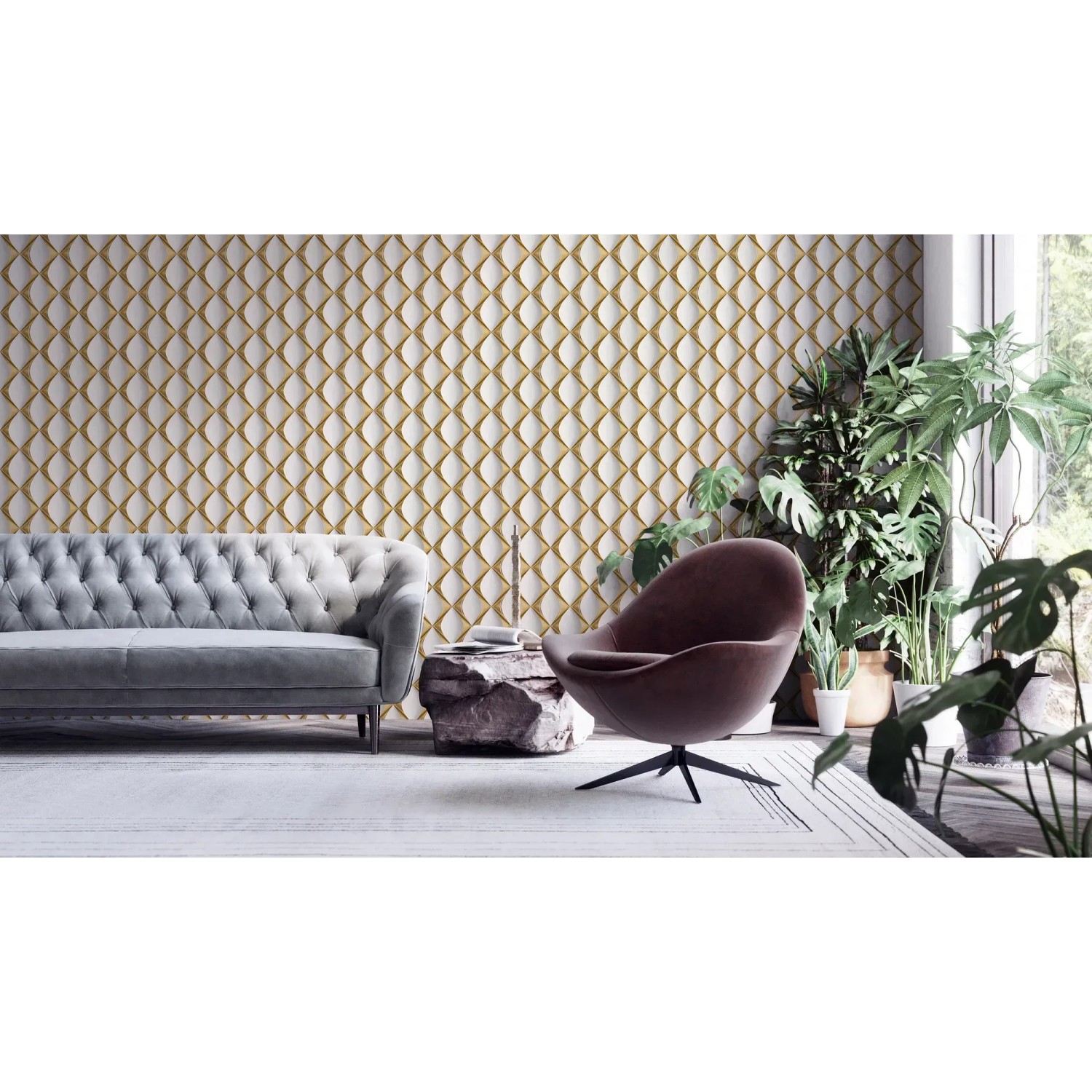 Wohnraum mit gold-weißer 3D Vliestapete mit Glanz und leichter Struktur.