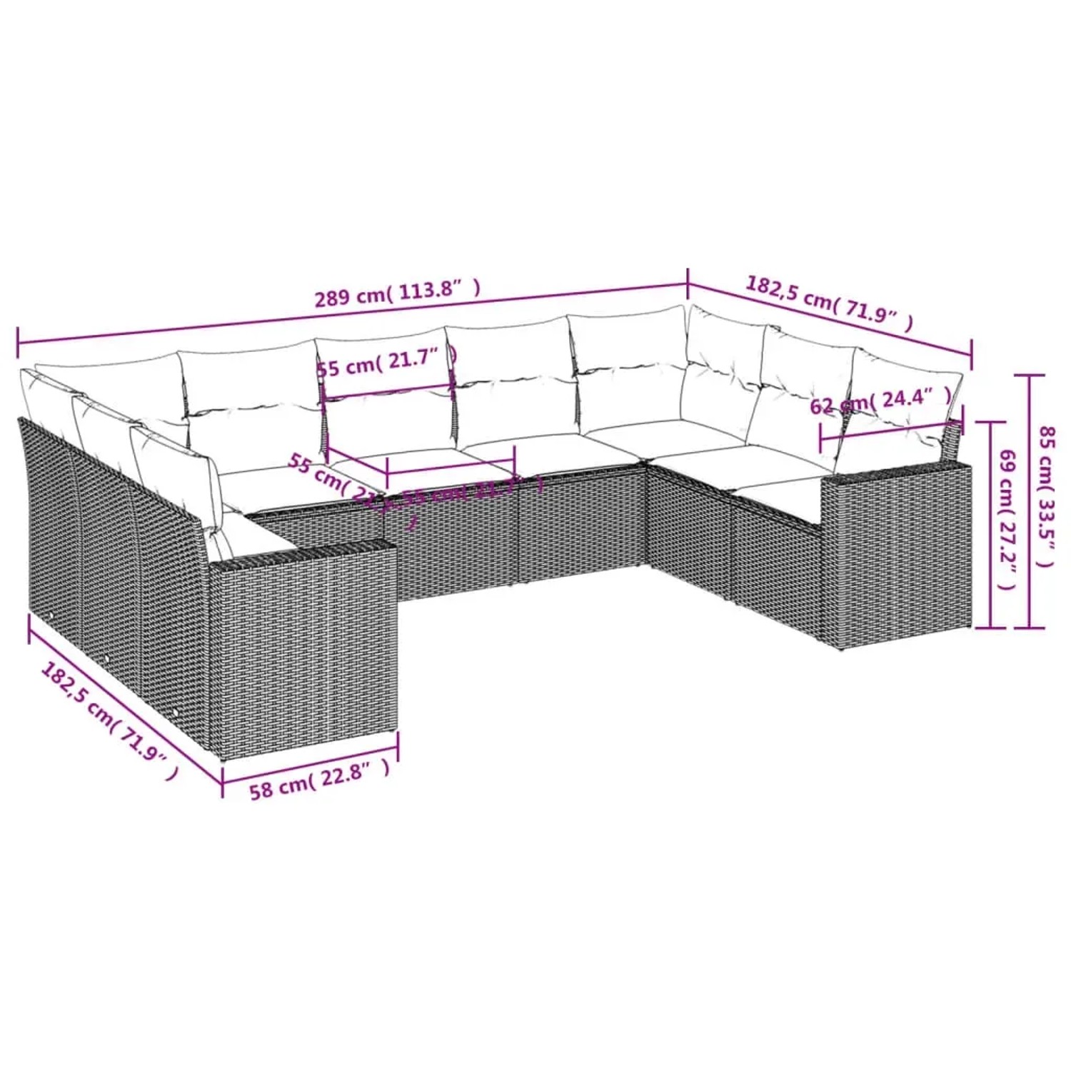Schwarze 9-teilige Garten-Sofagarnitur aus Poly Rattan mit cremeweißen Kissen und Maßangaben.