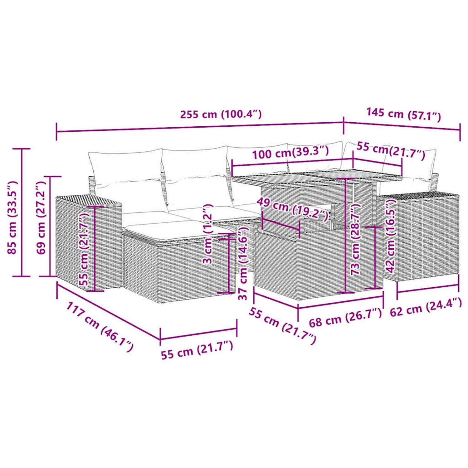 Beige 7-tlg. Garten-Sofagarnitur aus Polyrattan mit Tisch und Kissen, Maße siehe Zeichnung.