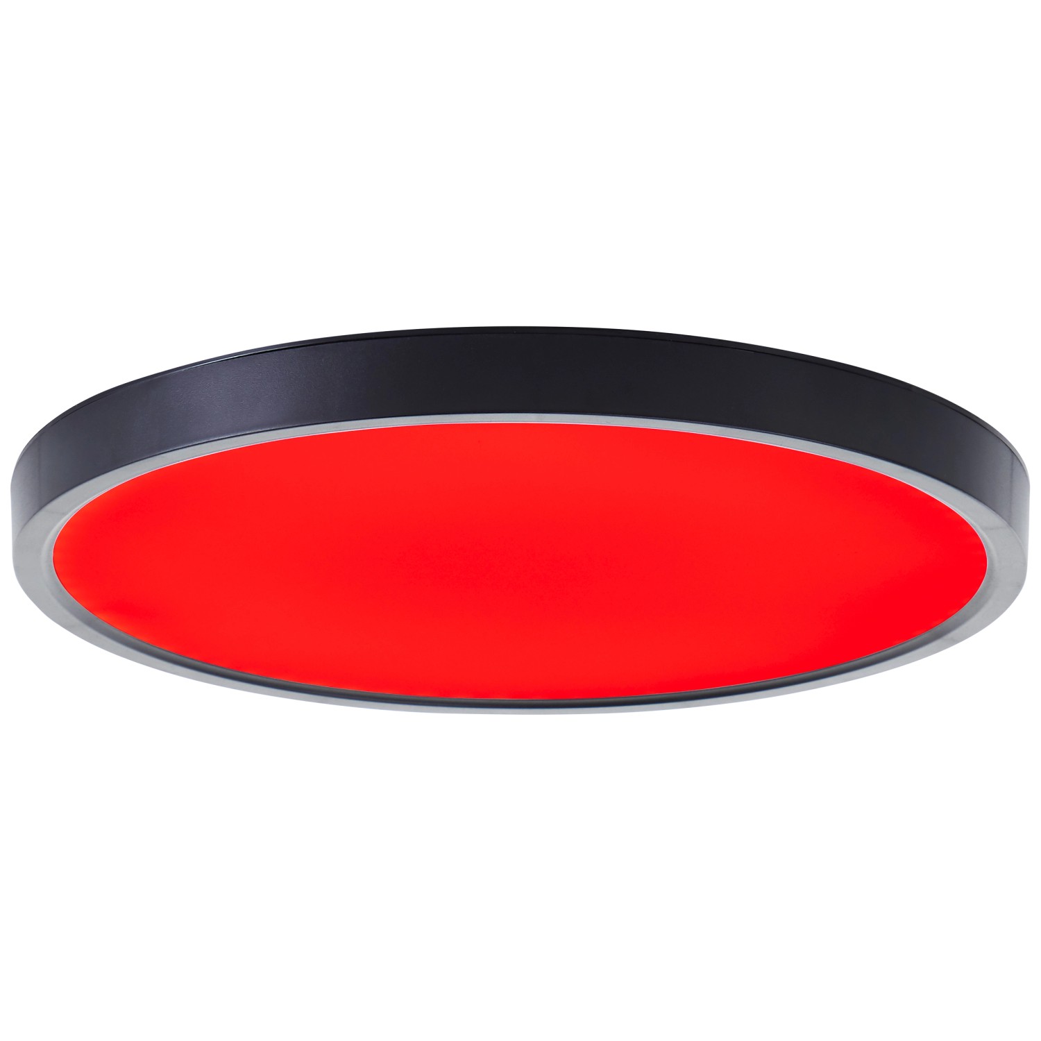 Brilliant LED-Deckenleuchte Lotti, Ø 30cm, schwarz/weiß mit rotem Licht.