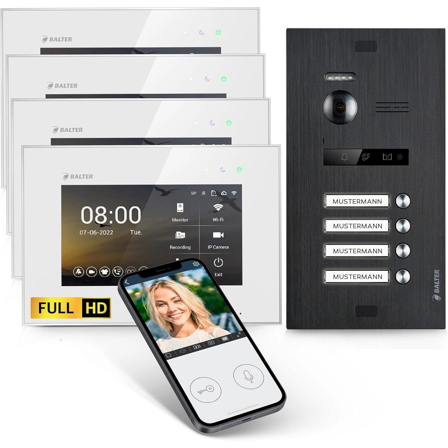 Balter EVO-HD Video-Türsprechanlage mit App für Vierfamilienhaus mit 4x 7 Zoll Monitor Weiß-Schwarz