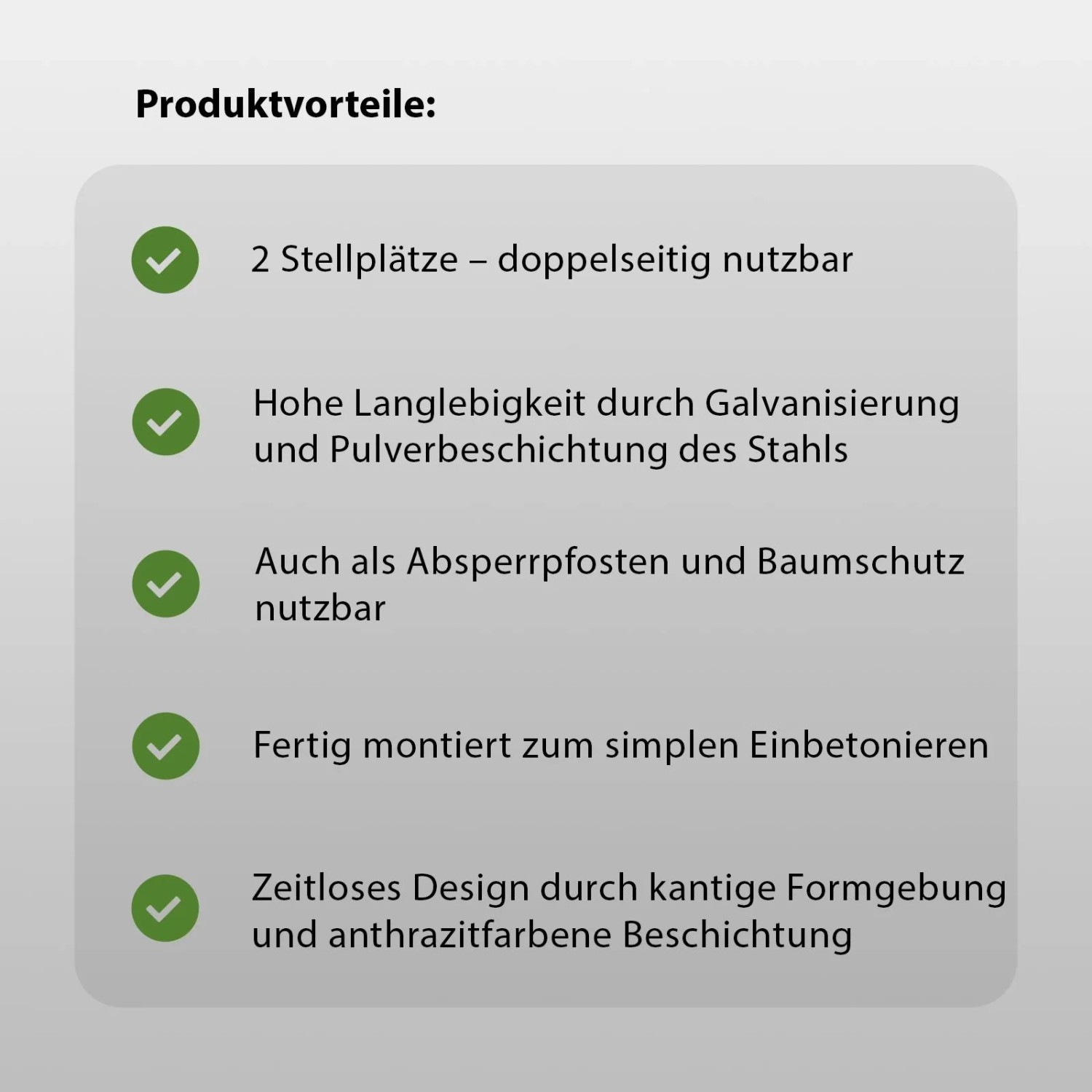 Vorteile des TRUTZHOLM Fahrradanlehnbügels: 2 Stellplätze, langlebig, als Absperrpfosten nutzbar, fertig montiert.