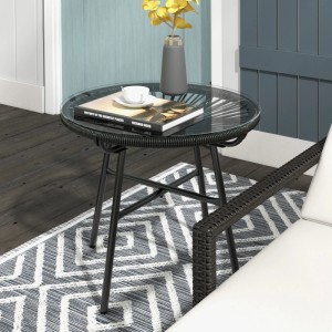Schwarzer Outsunny Rattan Beistelltisch mit Glasplatte, 50x50x50cm, ideal für Garten und Terrasse.