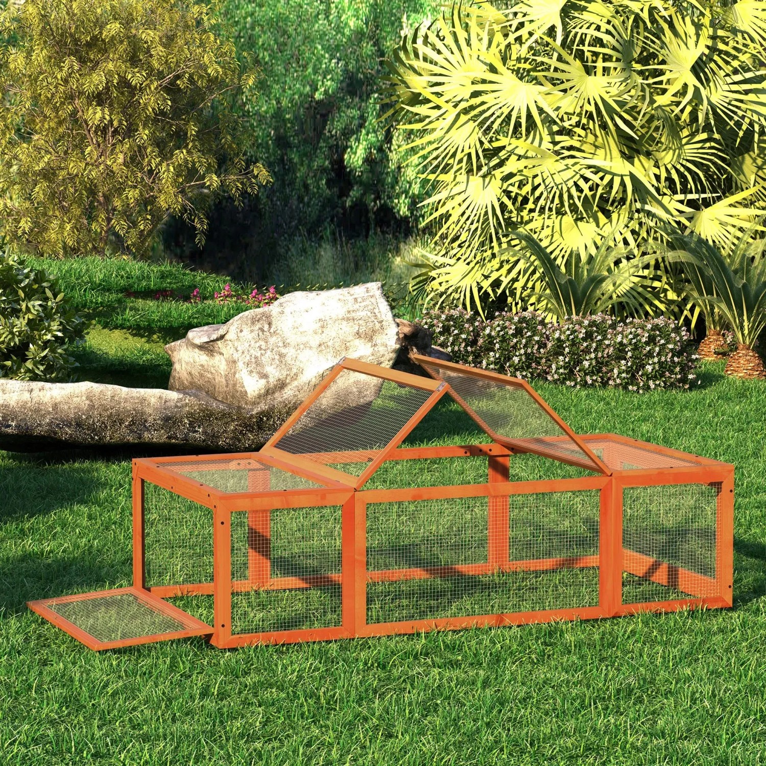 PawHut Kleintierstall mit Freilaufgehege aus Tannenholz im Garten.