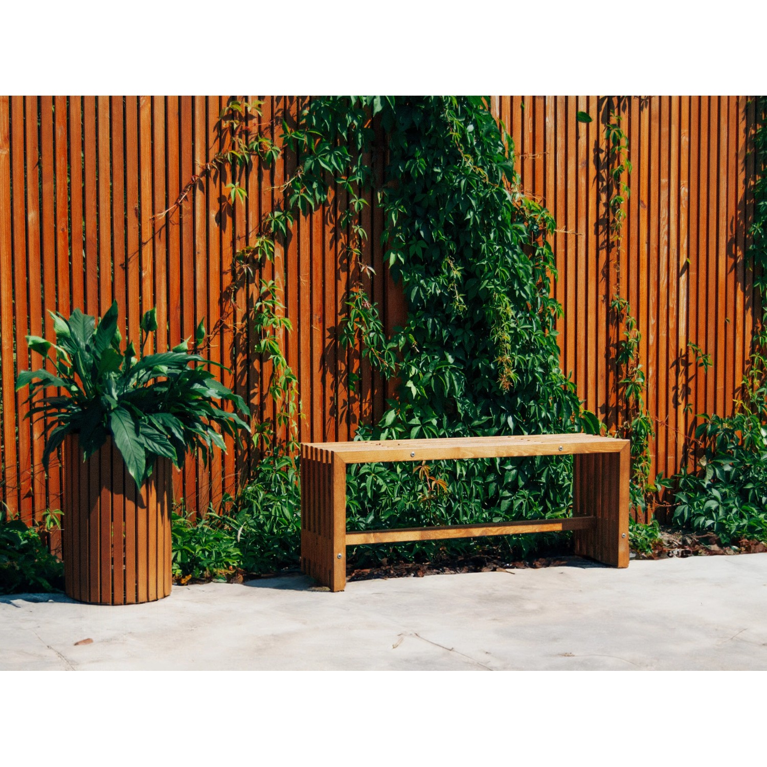 Lackierter Sichtschutzzaun Quadra (180x180cm) mit Bank und Pflanze vor Holzwand.