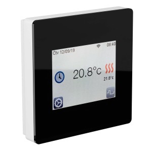 Schwarzer Fenix Thermostat TFT Wifi mit Touchdisplay zur App-Steuerung. Smartes Heizgerät.