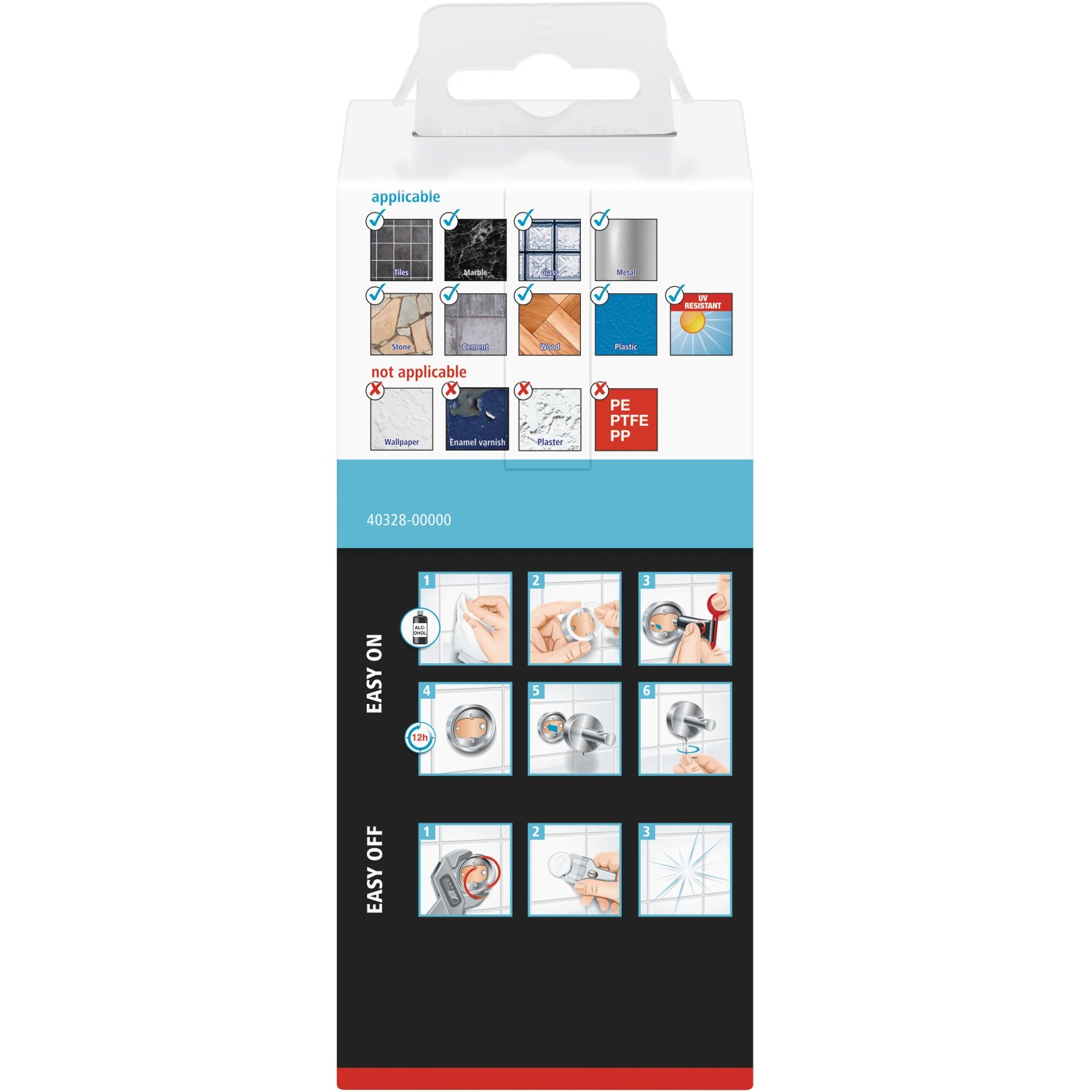 Verpackung des Tesa Ersatzrollenhalters Smooz, verchromt, mit Montageanleitung.