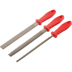 Ellix Raspelsatz, 3-teilig: Flach-, Halbrund- und Rundraspel mit rotem Griff.