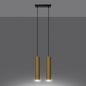 Moderne Sollux Lagos Pendelleuchte in glänzendem Gold mit zwei zylindrischen Lampen.