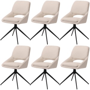 6er-Set Esszimmerstühle N73, Creme Bouclé-Stoff, drehbar mit schwarzem Stativgestell.