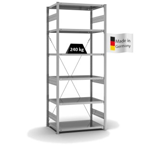 Verzinktes PROREGAL Fachbodenregal mit 6 Ebenen, Stecksystem, T-Profil, Traglast 240 kg pro Ebene.