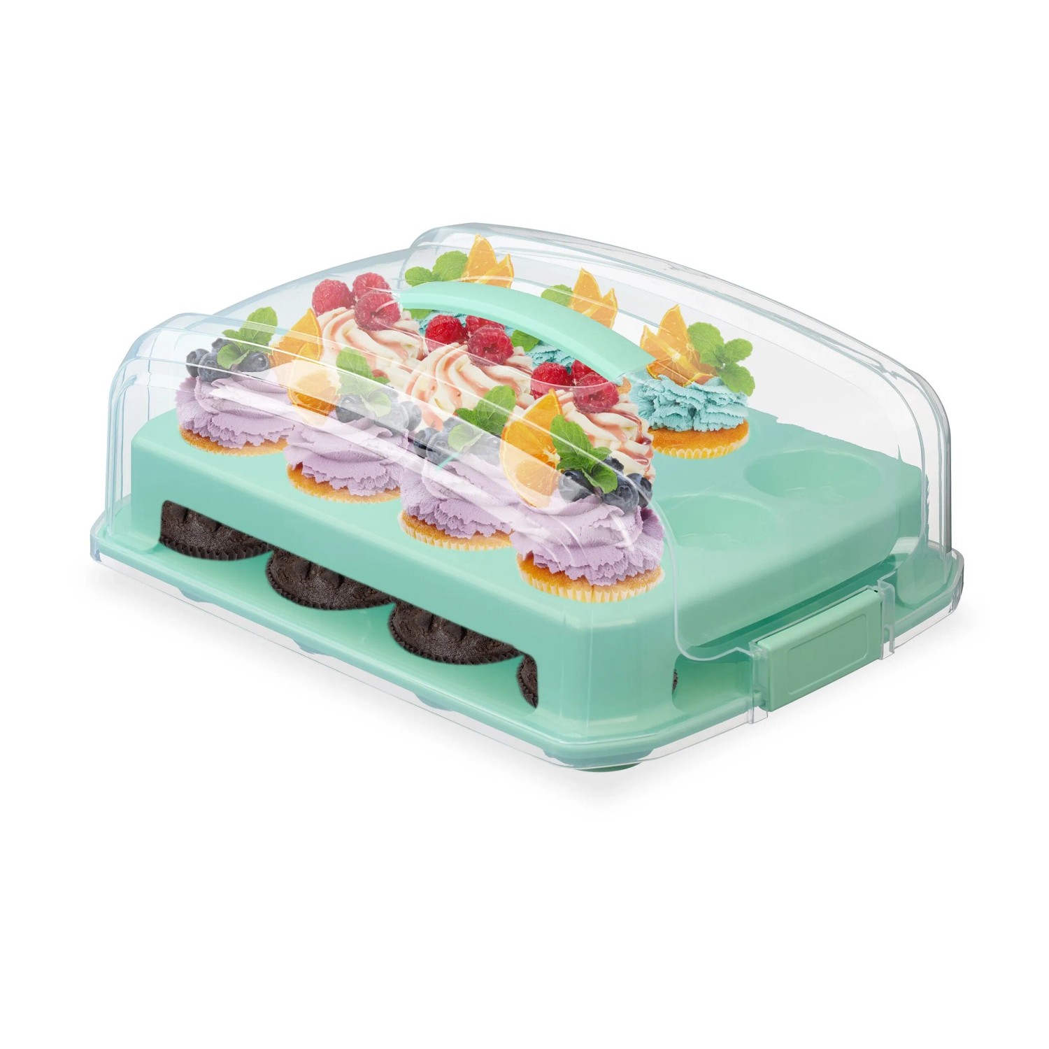 Relaxdays Muffin Transportbox Kunststoff Türkis mit Tragegriff Klickverschluss 2 Etagen für 24 Stück 16 cm x 37,5 cm x 28,5 cm 0,8 kg