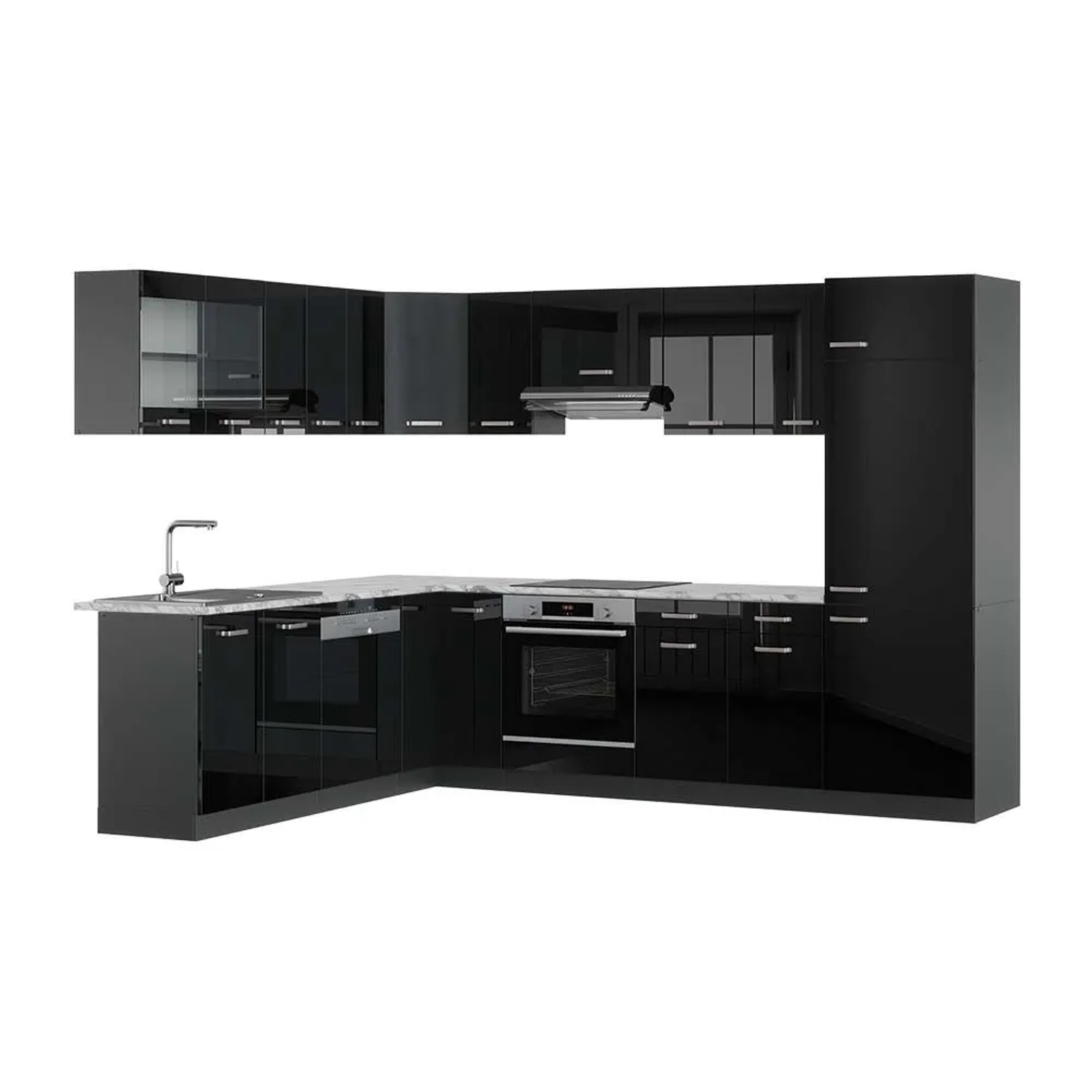 Vicco Eckküche R-Line Schwarz Hochglanz/Anthrazit 287 x 82, AP Marmor