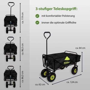 Schwarzer, faltbarer TRUTZHOLM Bollerwagen mit Vollgummi-Rädern und Teleskopgriff, verschiedene Griffhöhen.