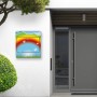 Edelstahl Briefkasten mit Regenbogen Motiv und Zeitungsfach an Hauswand.
