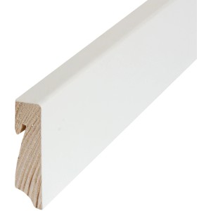 Weiße Massivholz Sockelleiste, 58x16x2400 mm, für harmonischen Bodenabschluss.